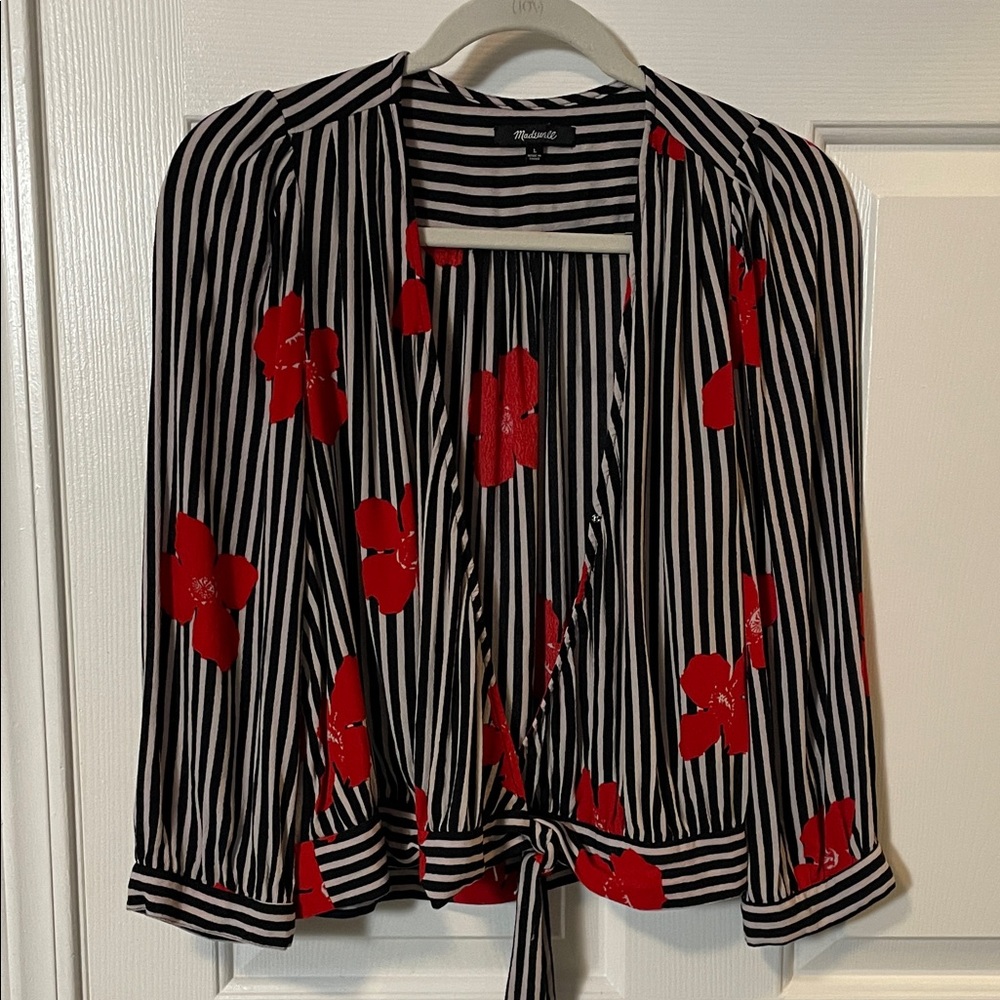 MADEWELL Candied Orchids Black White Striped Blouse Top Floral Large V neck Wrap